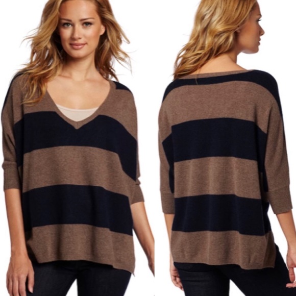 MINNIE ROSE Cashmere Striped 3/4 Sleeve Navy and Brown Oversized Sweater XS/S - Picture 1 of 9